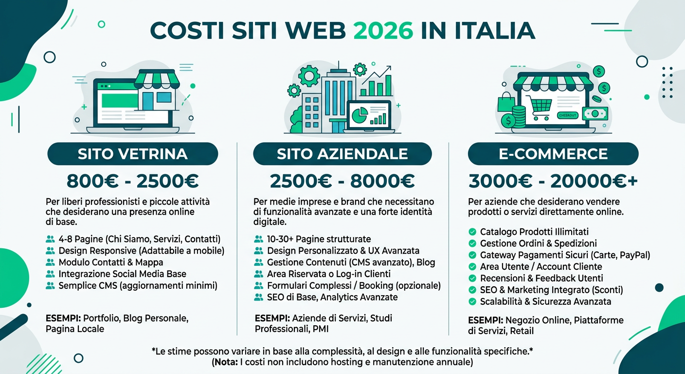 Infografica quanto costa un sito web 2026 - Vetrina, Aziendale, E-commerce a confronto