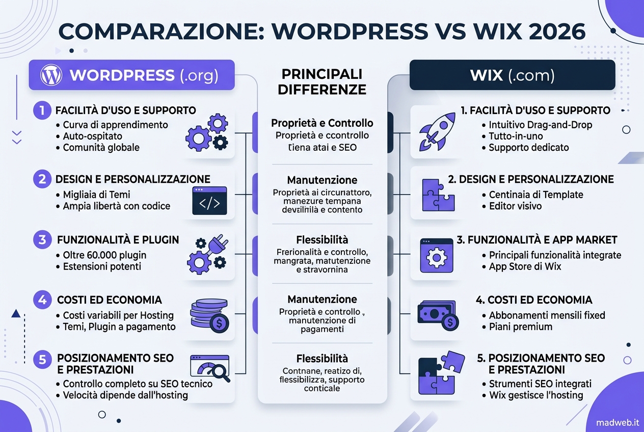 Infografica comparazione WordPress vs Wix 2026