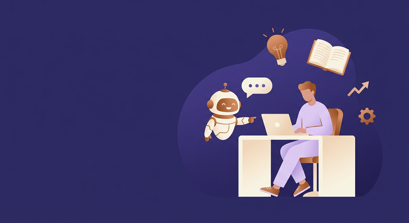Illustrazione di un assistente AI che aiuta una persona a scrivere articoli per il blog