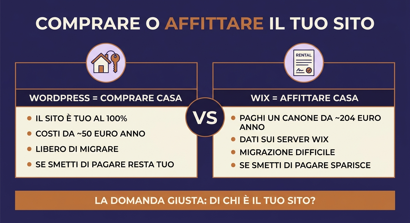 Infografica: comprare o affittare il tuo sito — WordPress è come comprare casa, Wix come affittarla