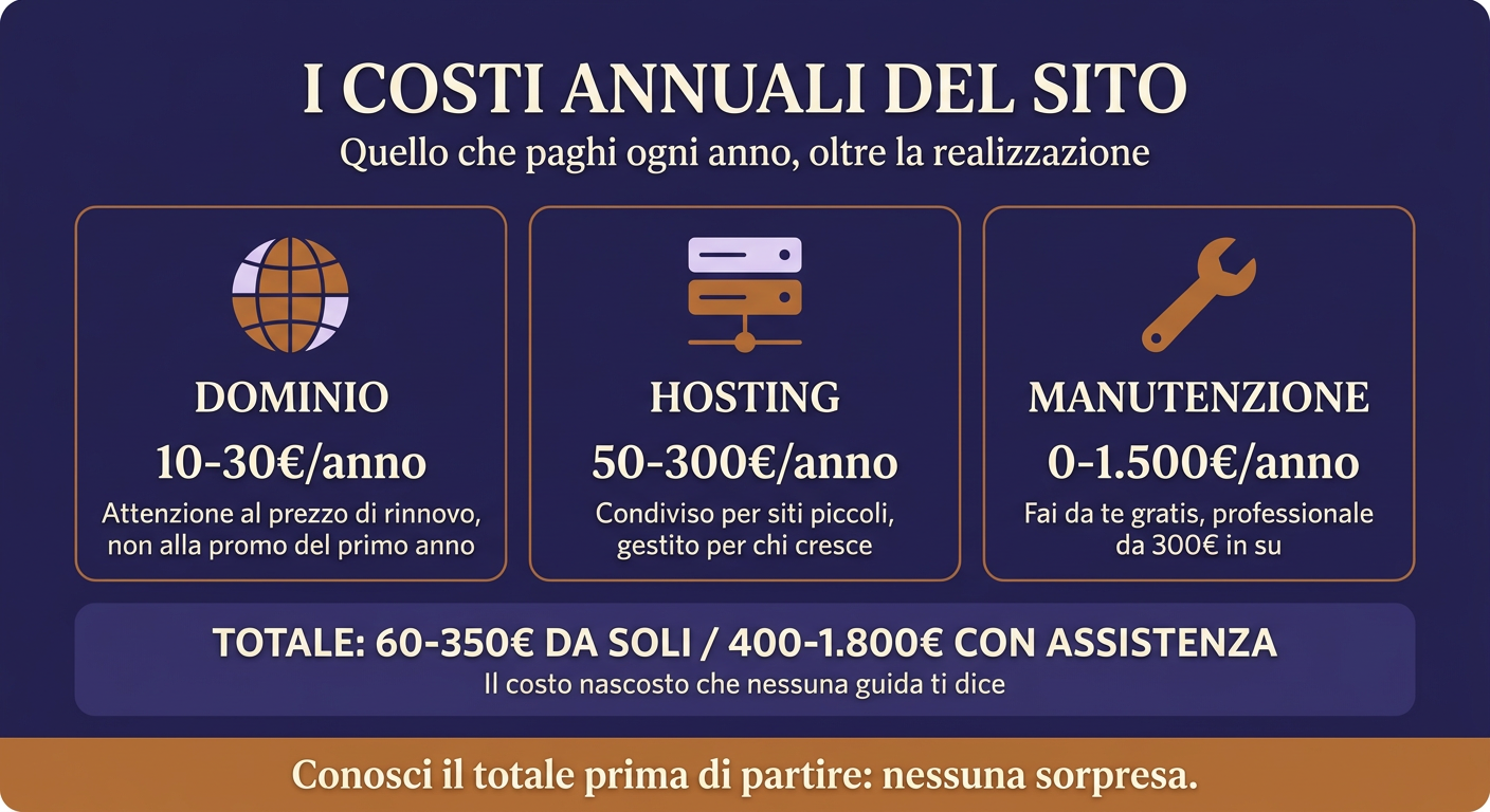 Costi annuali di un sito web: dominio 10-30 euro, hosting 50-300 euro, manutenzione 0-1500 euro