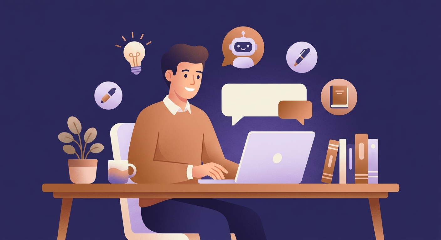 Illustrazione di una persona che usa un assistente AI in chat sul laptop, con icone di idee e apprendimento