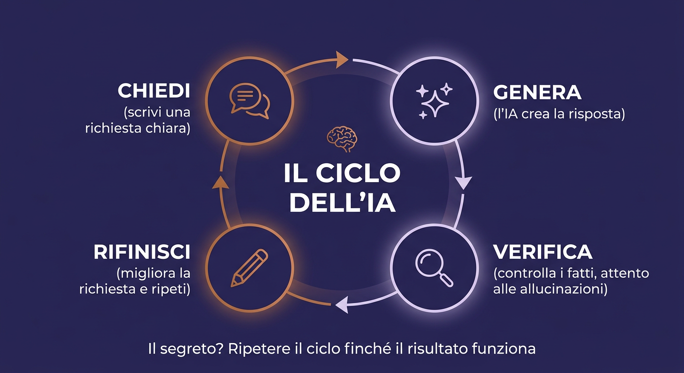 Infografica: il ciclo di lavoro con l'IA in 4 passi