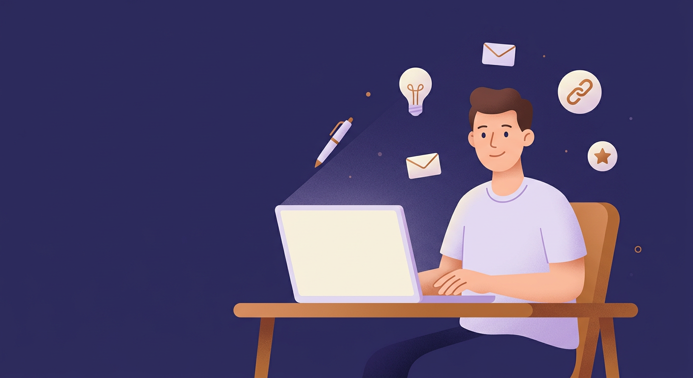 Illustrazione di una persona che inizia a scrivere il proprio blog di affiliazione, con icone di idee, email e link