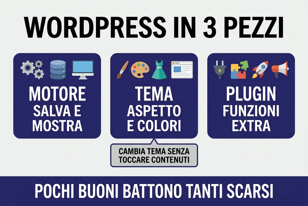 Infografica: le tre parti di WordPress, motore, tema e plugin