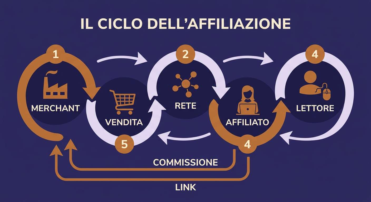 Infografica: il ciclo dell'affiliazione, dal merchant alla vendita, con il flusso di link e commissione