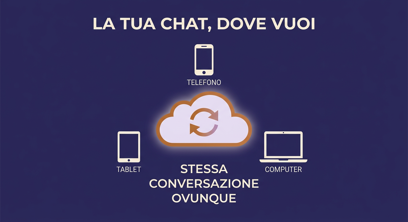 Infografica: la chat di ChatGPT sincronizzata su telefono, tablet e computer