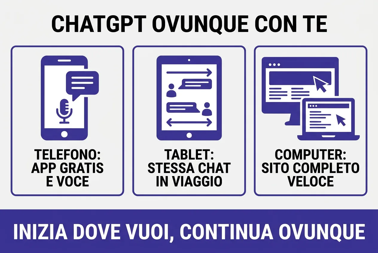 Infografica: la chat di ChatGPT sincronizzata su telefono, tablet e computer