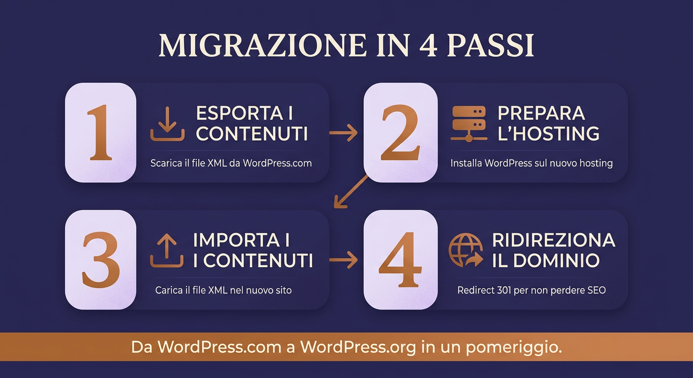 Migrazione da WordPress.com a WordPress.org in 4 passi: esporta, prepara hosting, importa, ridireziona