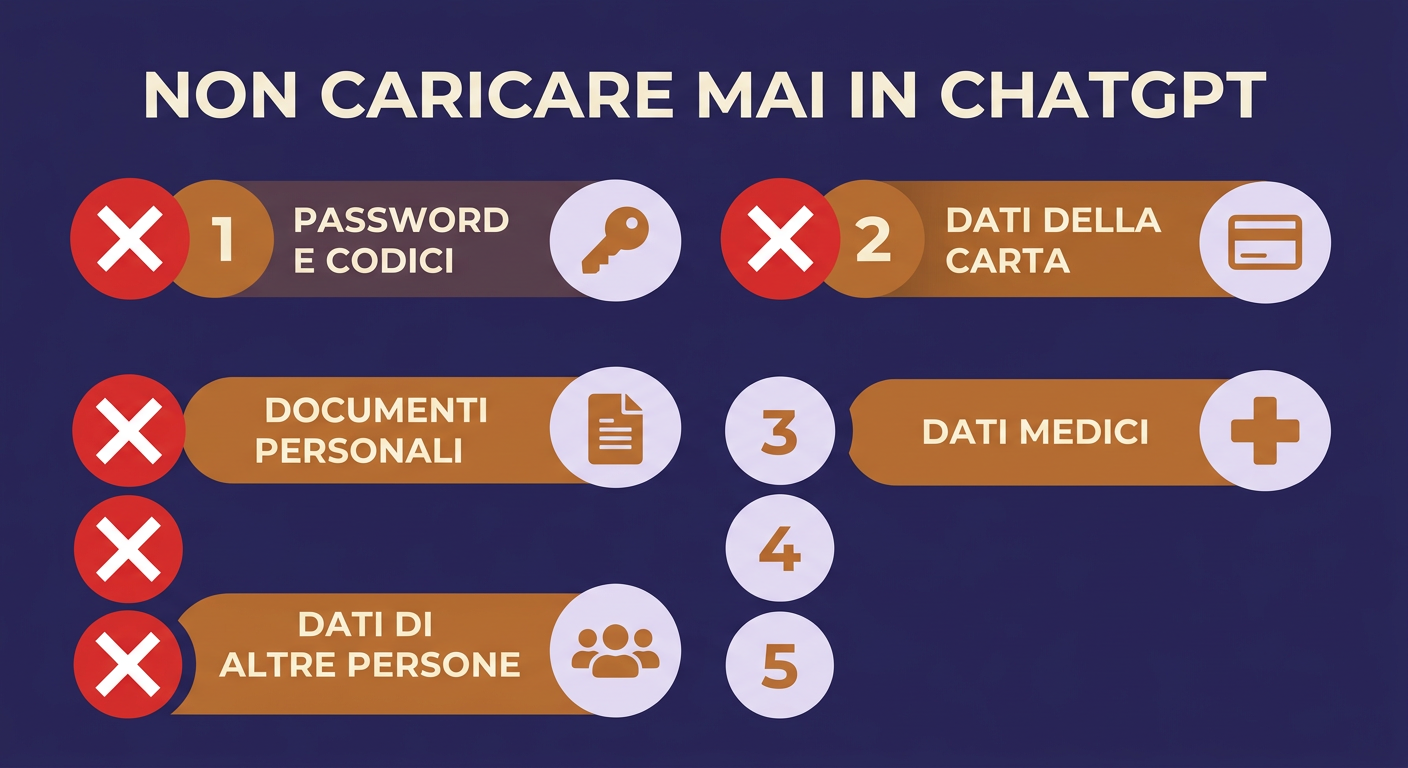 Infografica: cosa non caricare mai in ChatGPT, i dati sensibili da evitare
