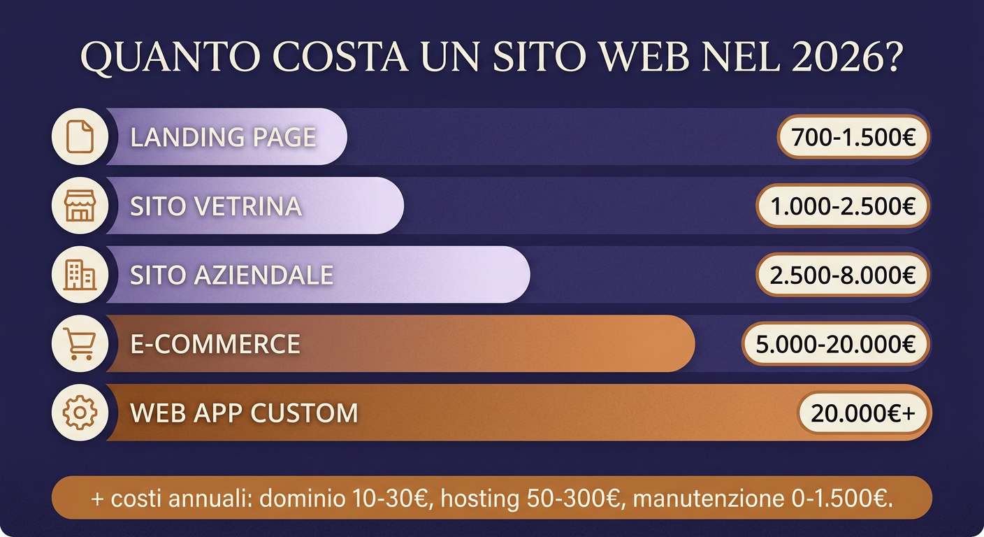 Fasce di prezzo dei siti web in Italia nel 2026: landing page, vetrina, aziendale, e-commerce, web app