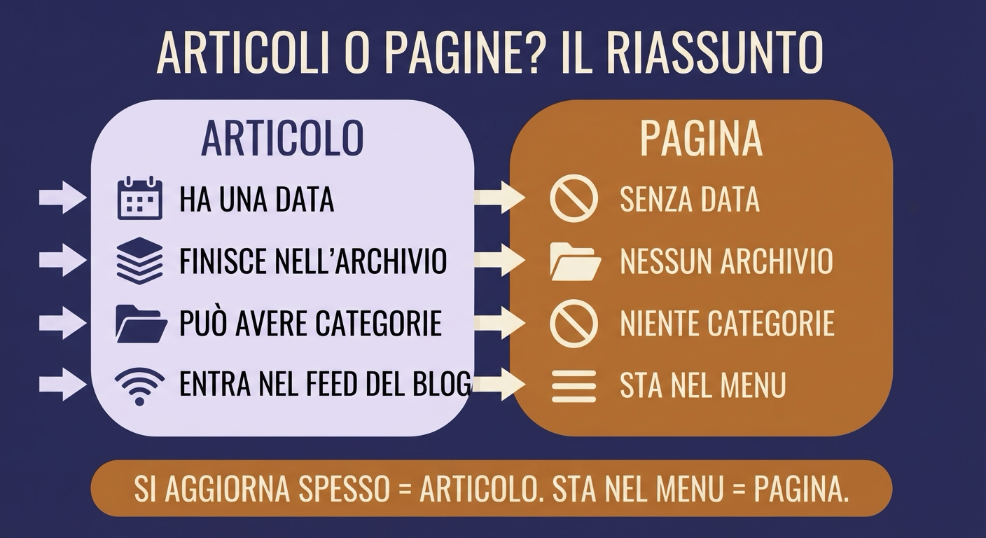 Infografica riassunto: la differenza tra articoli e pagine in WordPress in un colpo d'occhio