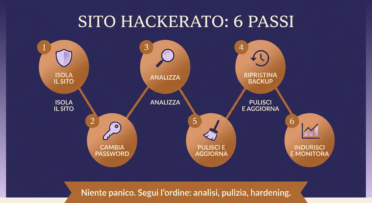 Flusso in 6 passi per sito WordPress hackerato: isola, cambia password, analizza, ripristina, pulisci, indurisci