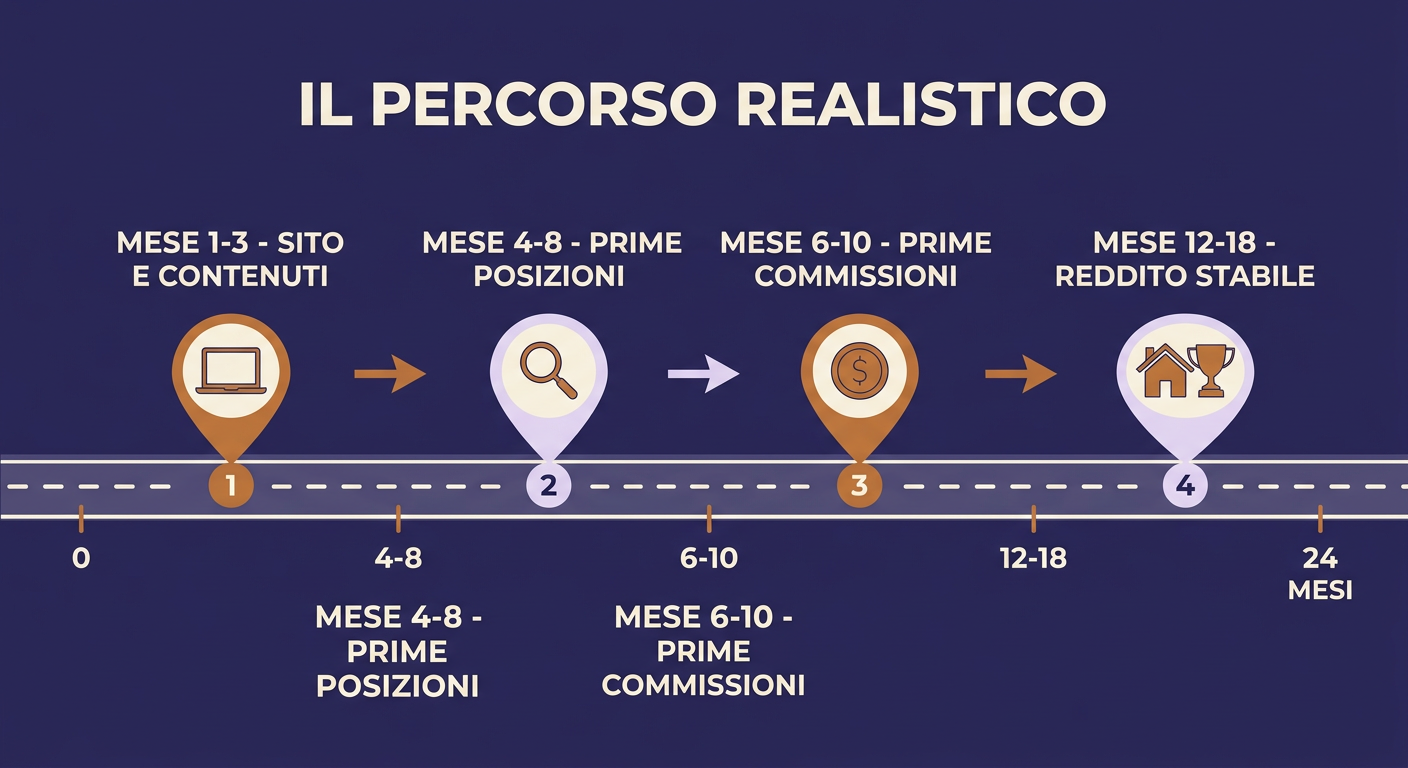 Infografica: il percorso realistico del marketing di affiliazione da 0 a 24 mesi