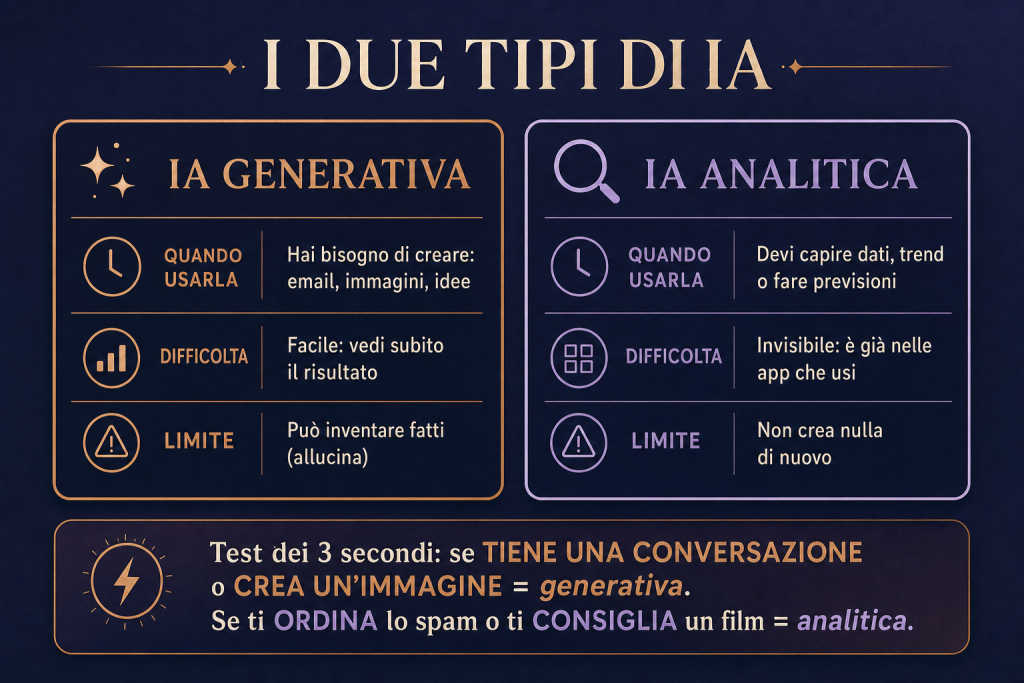 Infografica: i due tipi di IA, generativa e analitica a confronto
