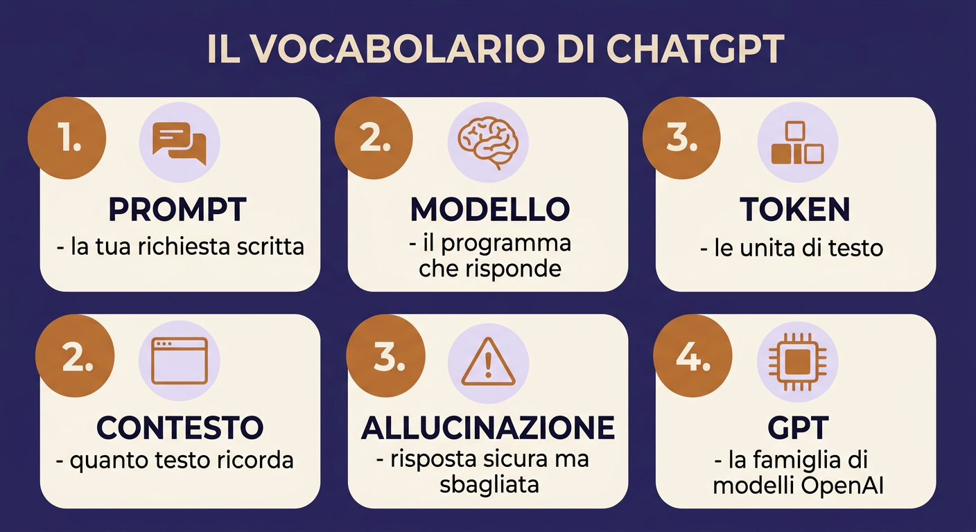 Infografica: il vocabolario di ChatGPT, i sei termini base per chi inizia