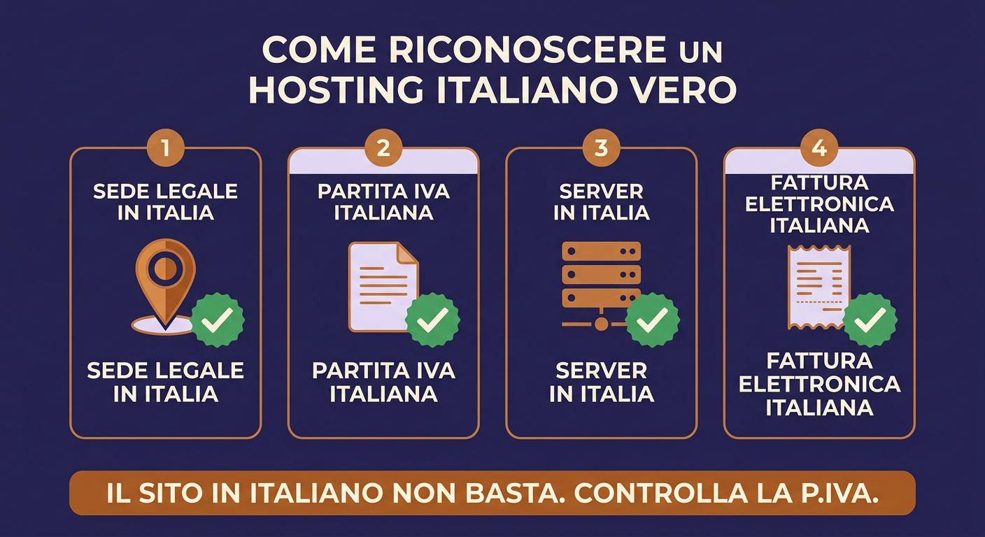 Infografica: 4 controlli per riconoscere un hosting italiano vero (sede legale, P.IVA, server, fattura)