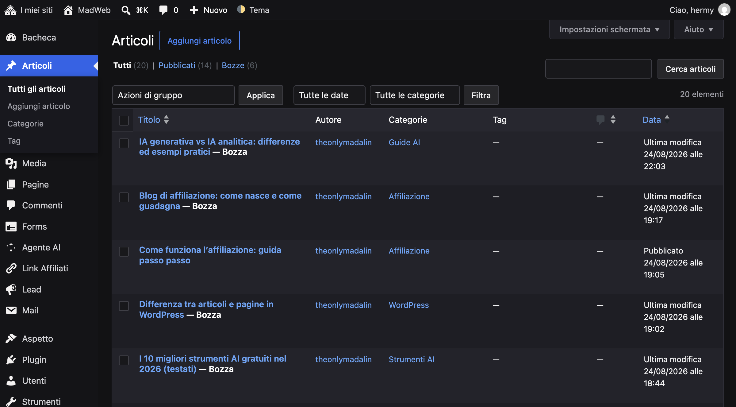 Schermata del pannello Articoli di WordPress: l'elenco mostra autore, categorie, tag e data per ogni articolo