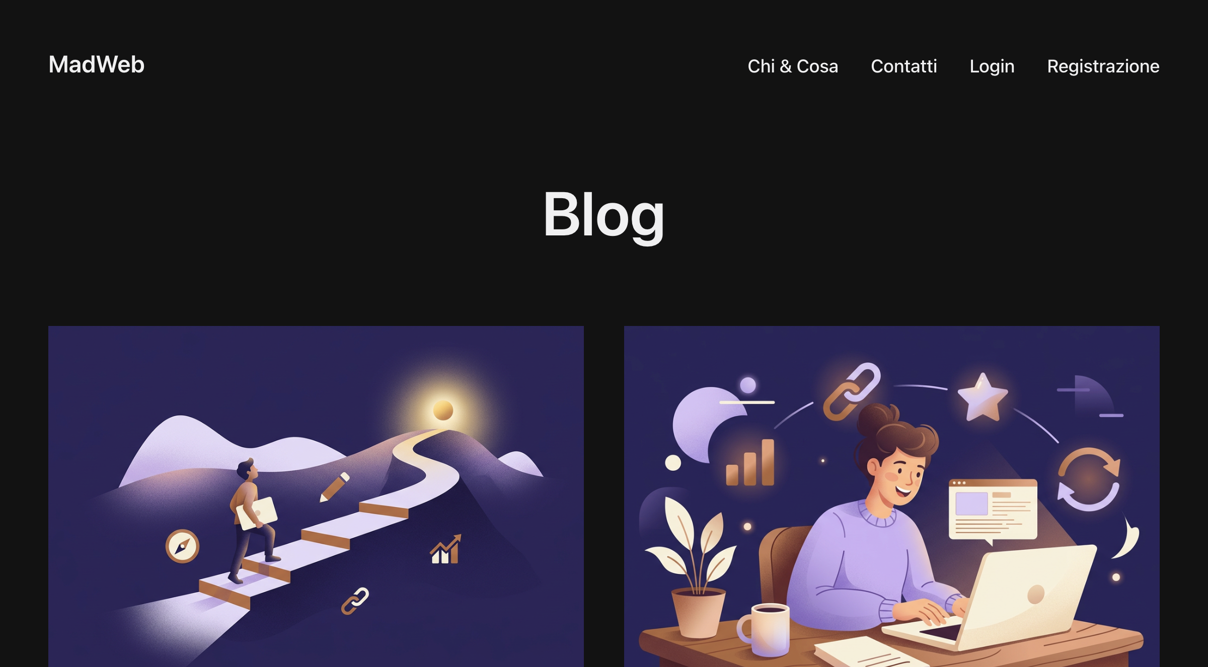 Homepage di un sito WordPress: le pagine Chi siamo e Contatti vivono nel menu di navigazione