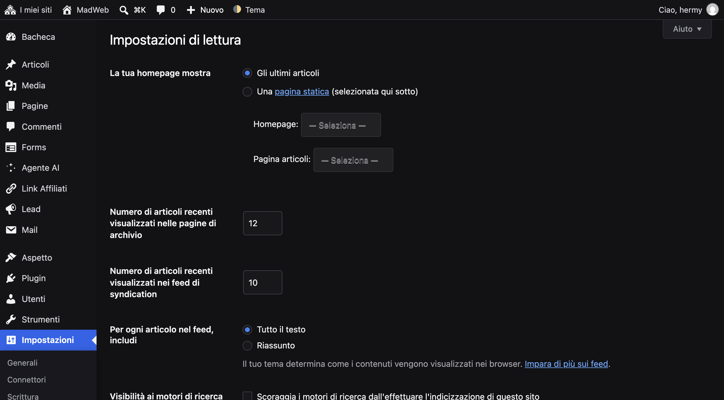 Impostazioni di lettura di WordPress: la sezione che imposta una homepage statica