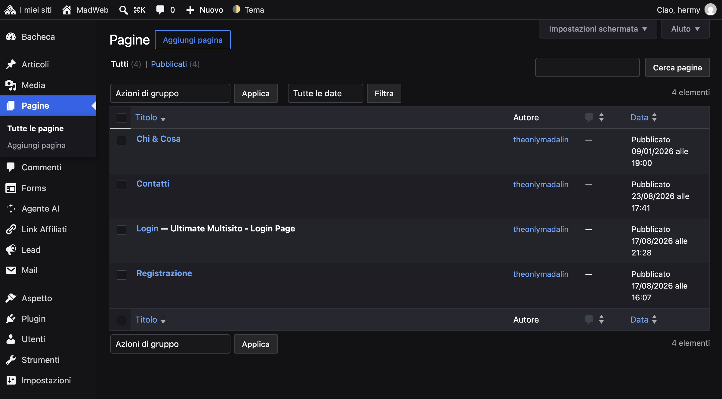 Schermata del pannello Pagine di WordPress: le pagine non hanno categorie né tag