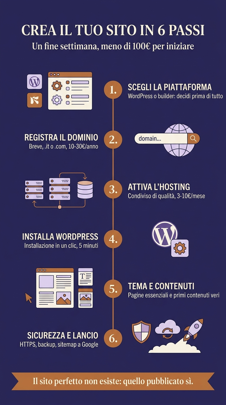 I 6 passi per creare un sito web da zero con dettagli: piattaforma, dominio, hosting, WordPress, tema e contenuti, sicurezza e lancio