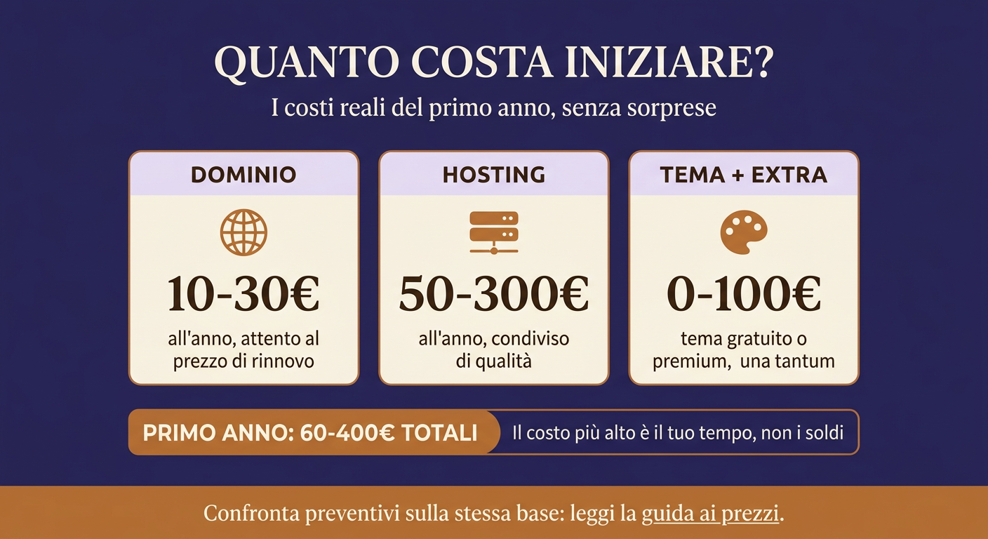 Costi iniziali di un sito web: dominio 10-30 euro, hosting 50-300 euro, tema 0-100 euro, totale primo anno 60-400 euro