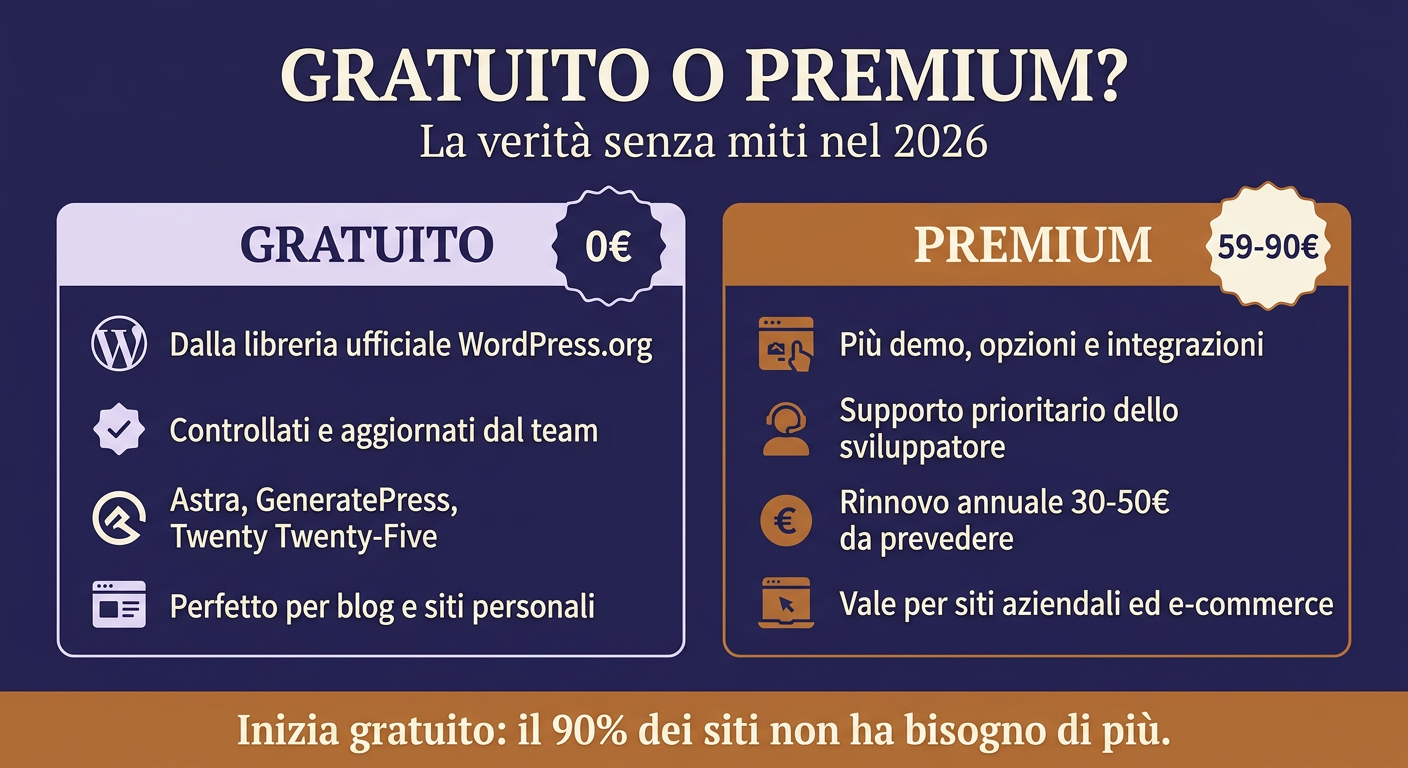 Tema WordPress gratuito o premium a confronto: costi, funzioni e per chi sono adatti