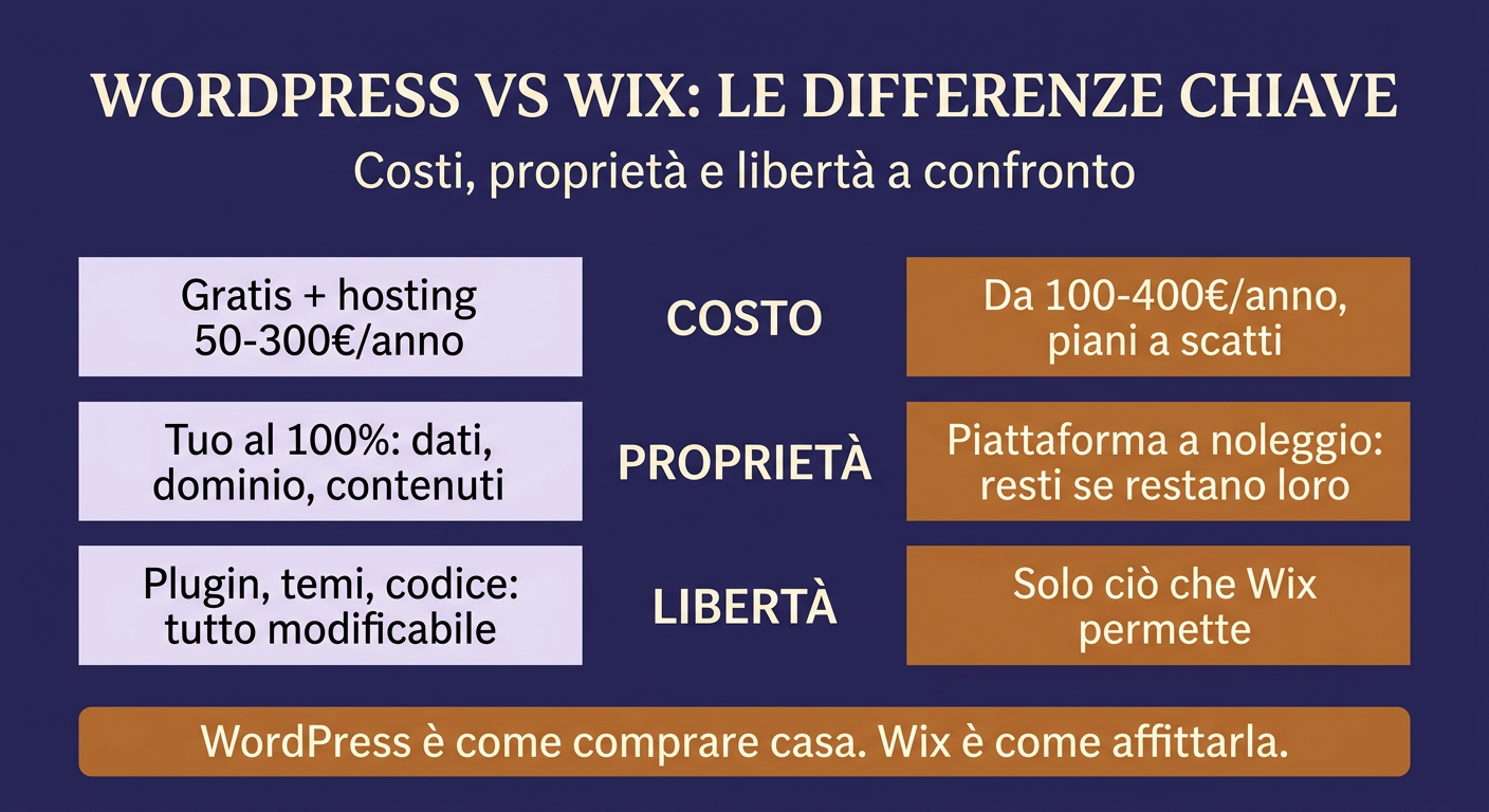 WordPress vs Wix: differenze chiave su costo, proprietà dei dati e libertà