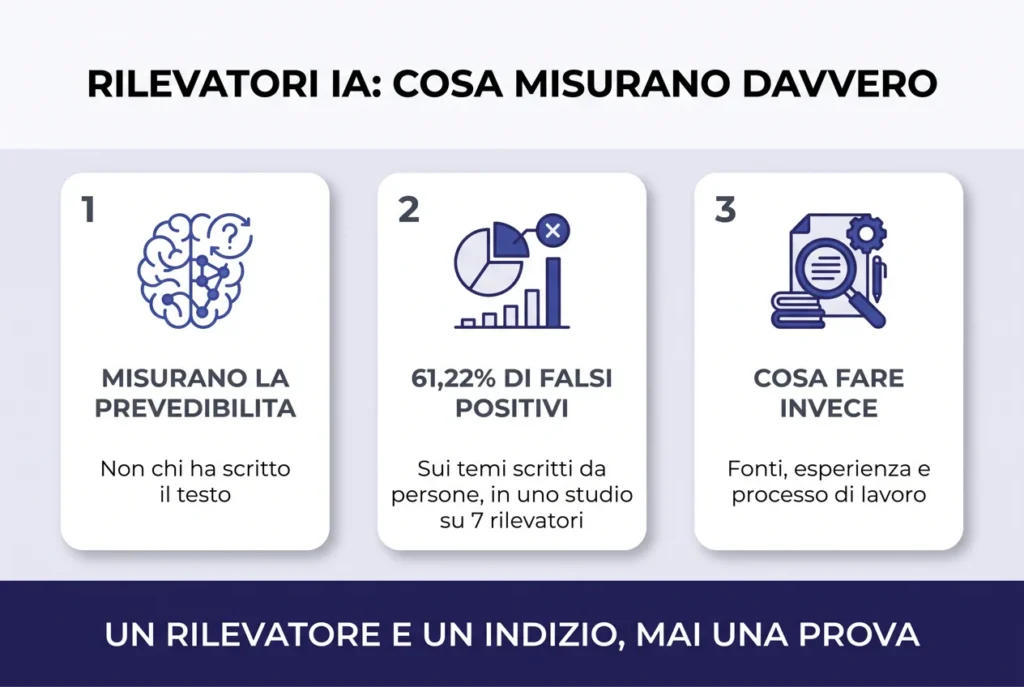 Infografica: cosa misurano davvero i rilevatori IA, la prevedibilita del testo e il 61,22 per cento di falsi positivi