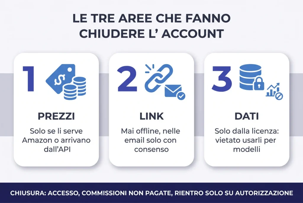 Infografica: le tre aree che fanno chiudere l'account, prezzi, link e dati, e le conseguenze della chiusura