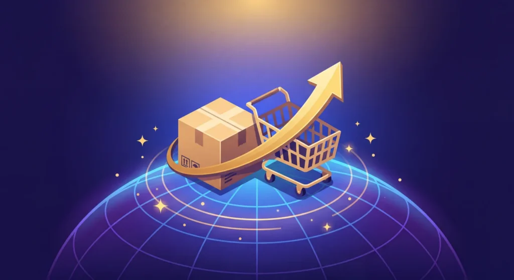 Scatola da spedizione, carrello e freccia dorata su griglia blu notte: copertina dell'articolo sull'affiliazione Amazon