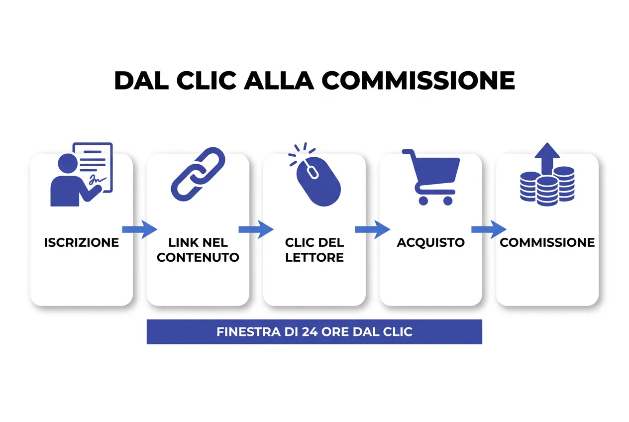 Schema del percorso dal clic alla commissione Amazon: iscrizione, link nel contenuto, clic del lettore, acquisto e commissione, con finestra di 24 ore