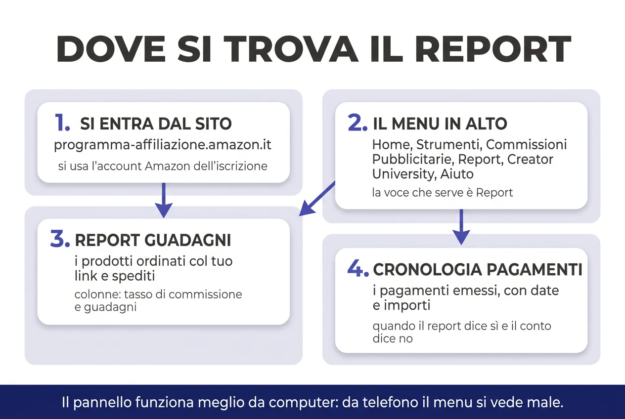 Schema del percorso dentro il pannello affiliati di Amazon: accesso, menu Report, Report guadagni, Cronologia pagamenti