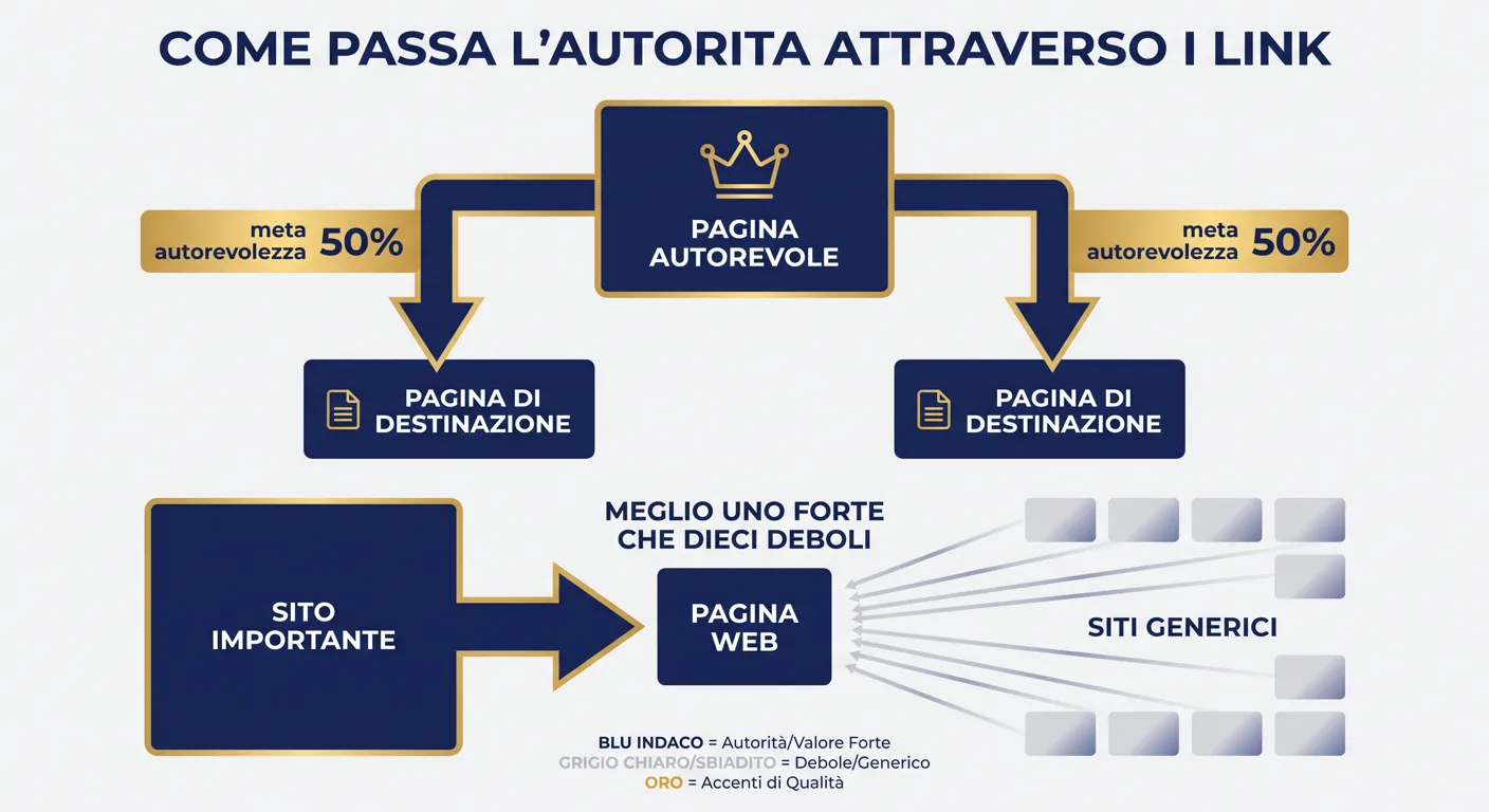 Diagramma: come l'autorità di una pagina si divide tra i link in uscita, e perché un link forte vale più di dieci link deboli