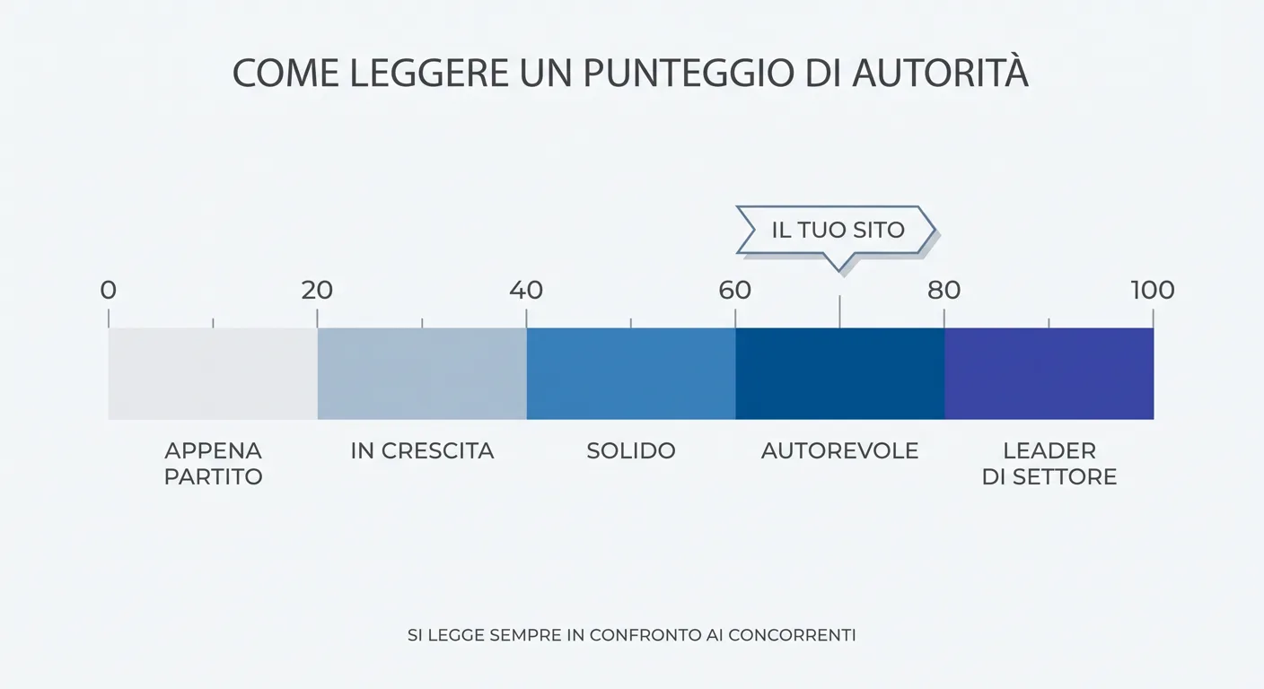 Scala da 0 a 100 per leggere un punteggio di autorità, con le fasce: appena partito, in crescita, solido, autorevole, leader di settore