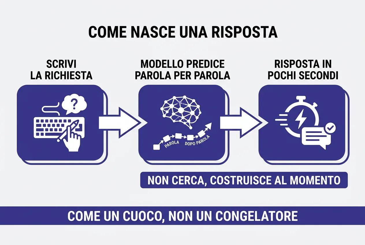Come nasce una risposta di ChatGPT: scrivi la richiesta, il modello predice parola per parola, risposta in pochi secondi