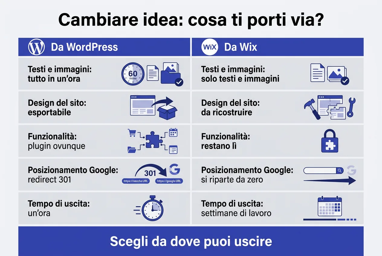 Cambiare idea: cosa ti porti via da WordPress e da Wix, matrice export in 5 righe