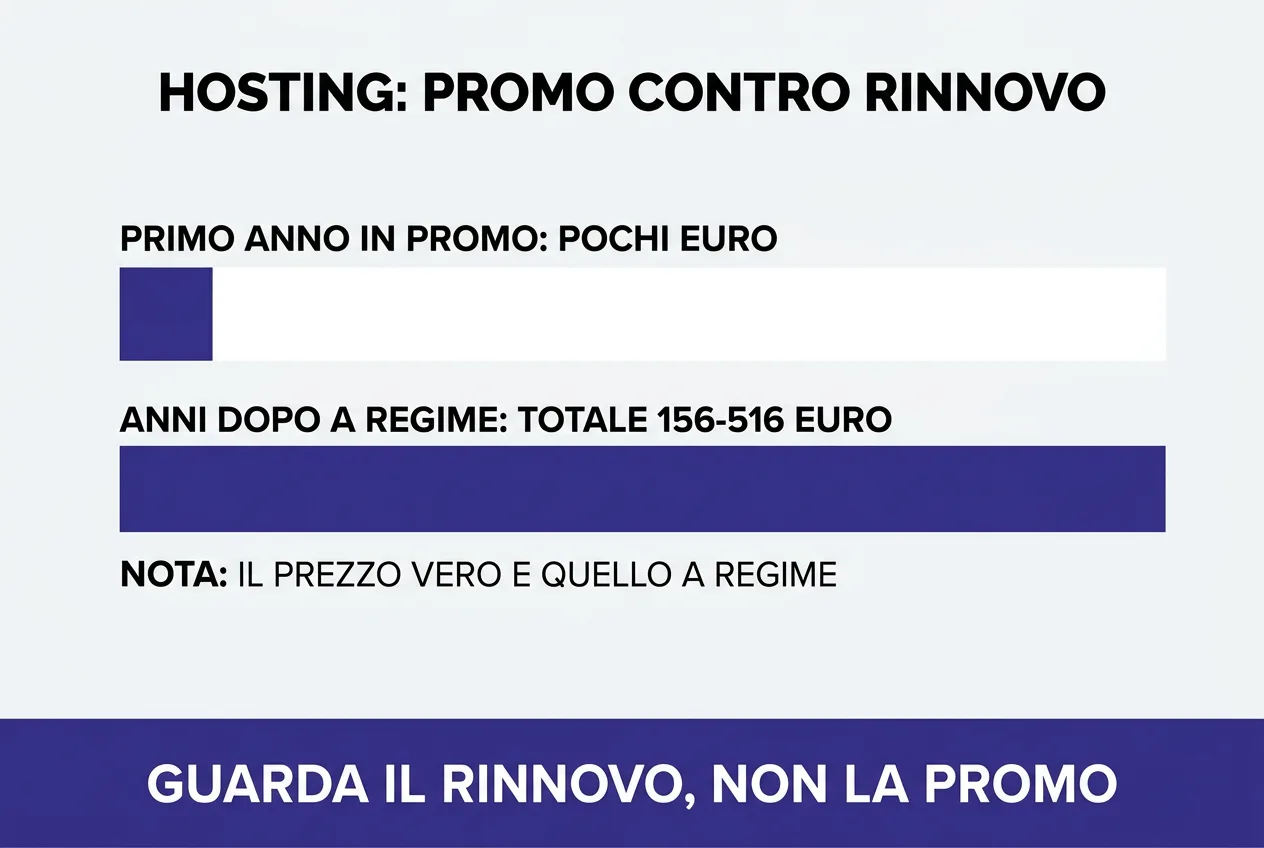 Quanto costa l'hosting in 5 anni: promozione al primo anno e rinnovo, totale 156-516 euro