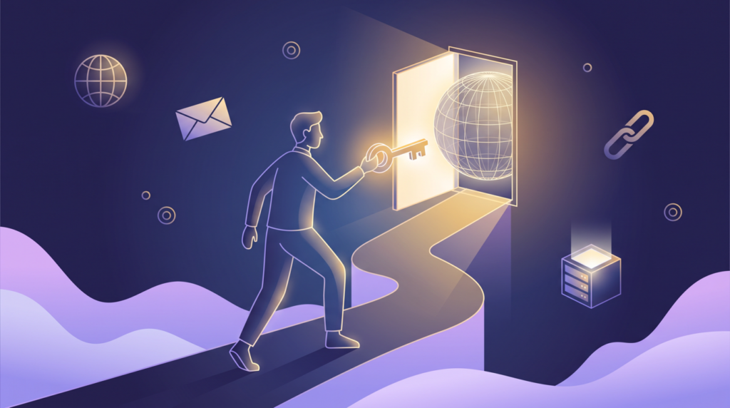 Personaggio stilizzato che apre con una chiave luminosa una porta verso un globo di rete, tra icone di globo, busta, catena e server: metafora della traduzione dei nomi di dominio