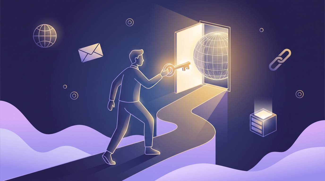 Personaggio stilizzato che apre con una chiave luminosa una porta verso un globo di rete, tra icone di globo, busta, catena e server: metafora della traduzione dei nomi di dominio