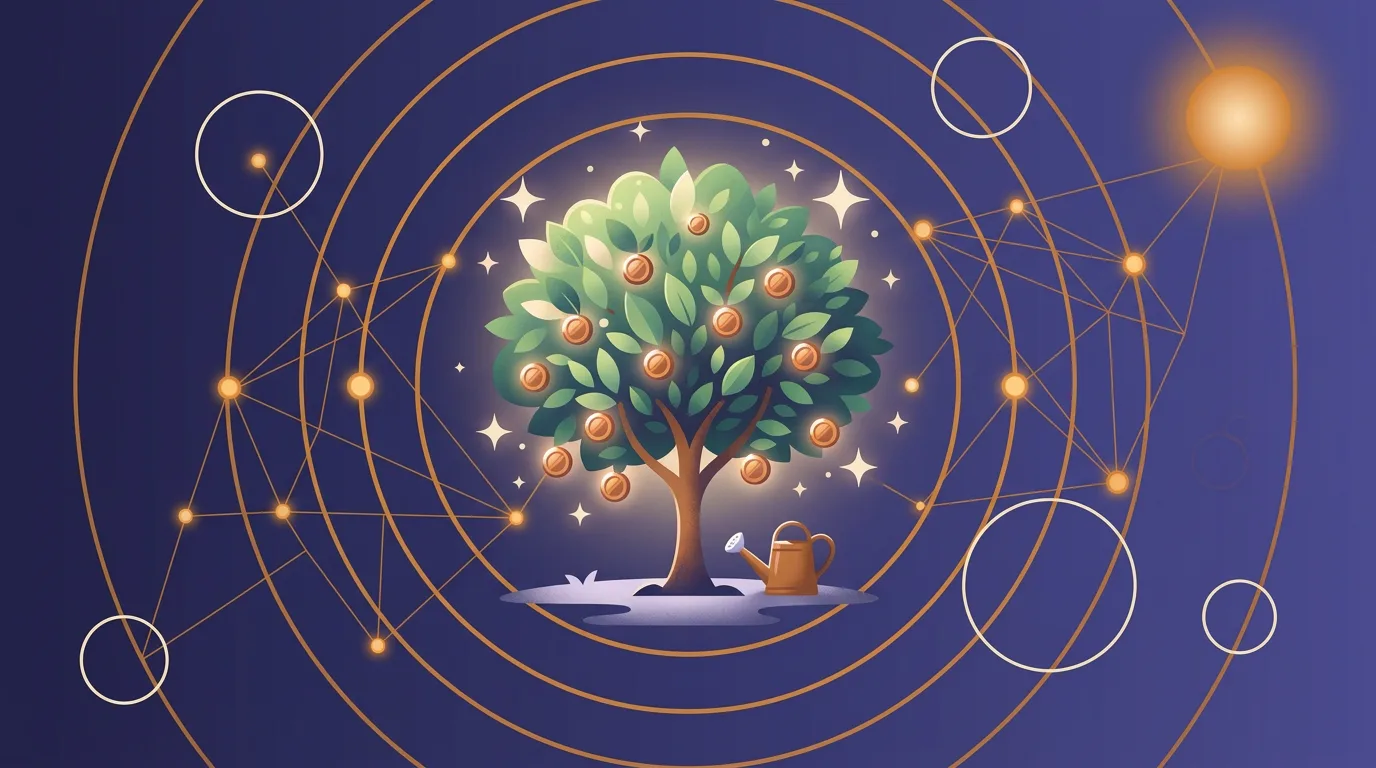 Illustrazione: un albero con monete dorate al centro di cerchi concentrici e di una rete di nodi luminosi.