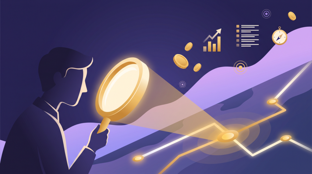 Personaggio stilizzato che osserva con una lente d'ingrandimento una mappa con punti dorati e percorsi, tra monete, grafico in crescita e bussola: metafora della ricerca di keyword monetizzabili