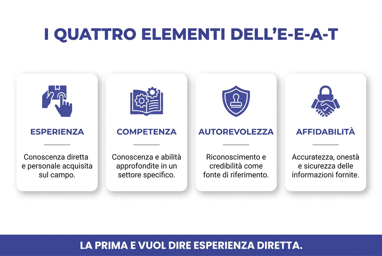 I quattro elementi dell'E-E-A-T con una spiegazione per ciascuno: esperienza, competenza, autorevolezza, affidabilità