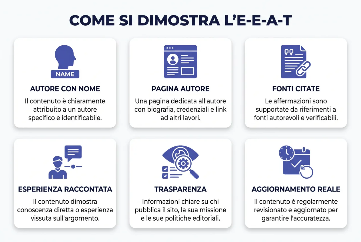 Sei segnali concreti per dimostrare l'E-E-A-T su un blog: autore con nome, pagina autore, fonti citate, esperienza raccontata, trasparenza, aggiornamento