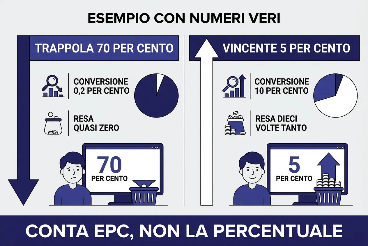 EPC con un esempio: commissione alta con conversione bassa vale meno di commissione modesta con conversione alta