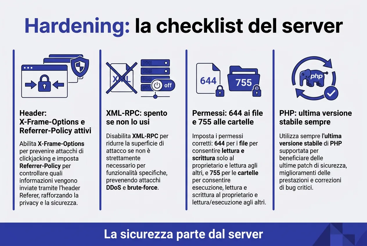 Hardening in un colpo d'occhio: security headers, XML-RPC e permessi