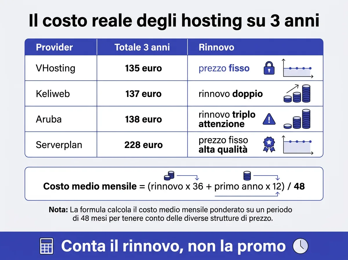 Infografica: costo reale degli hosting italiani su 3 anni con formula del costo medio mensile