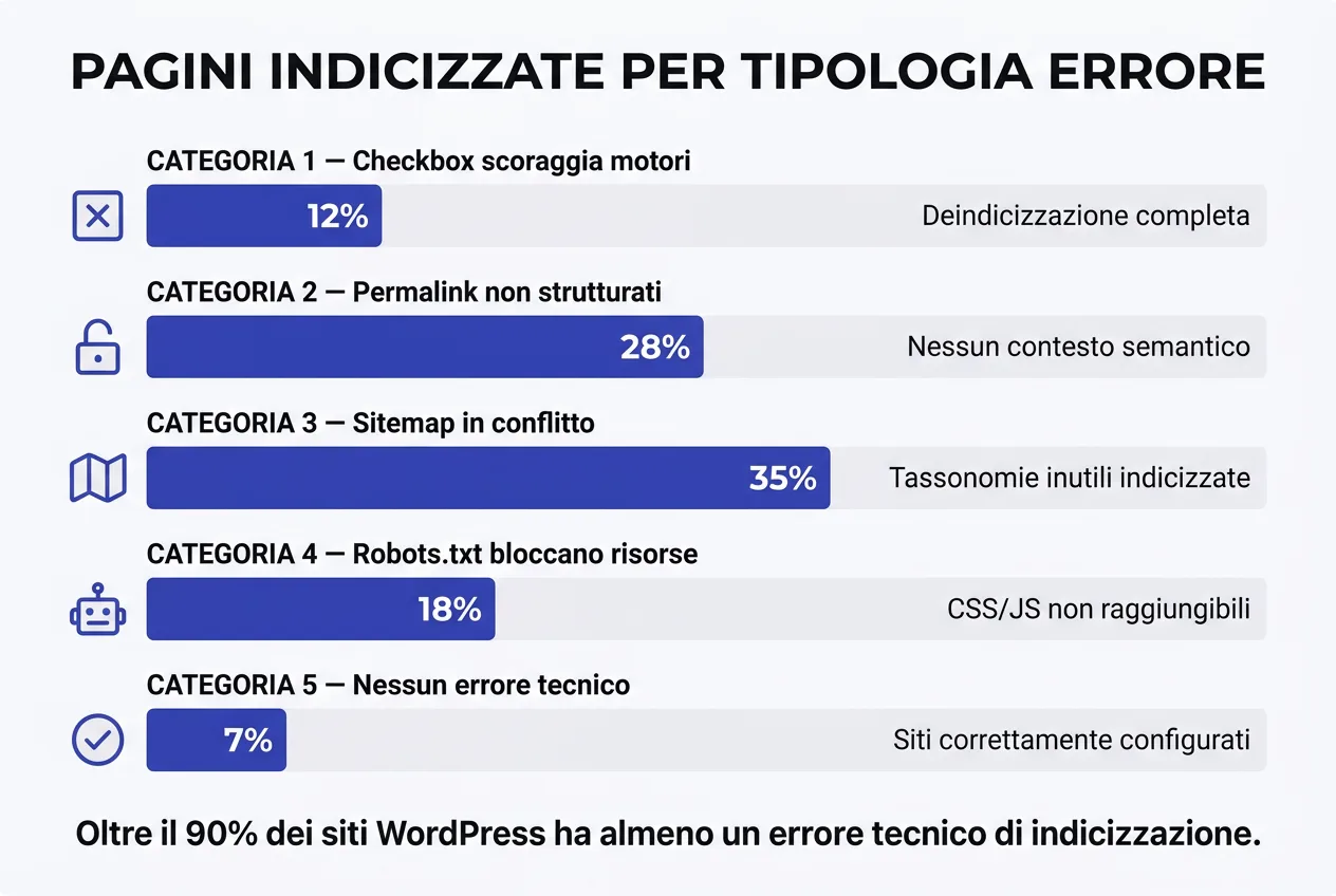 Bar chart: percentuale pagine indicizzate Google per tipologia errore SEO WordPress