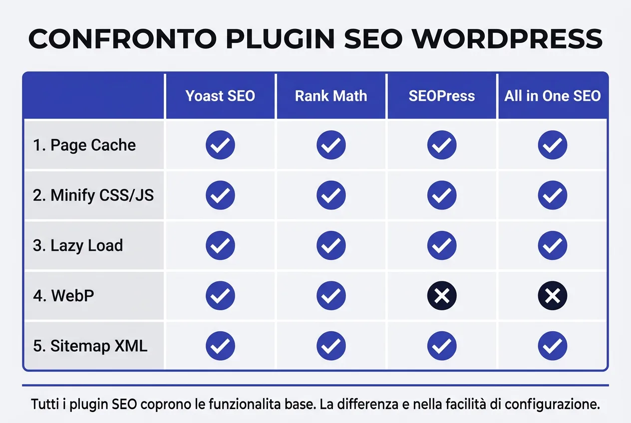 Heatmap confronto plugin SEO WordPress: Yoast, Rank Math, SEOPress, All in One SEO